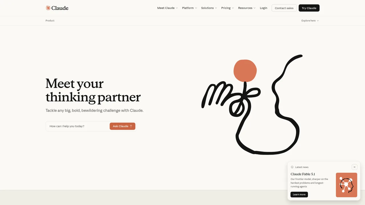 Screenshot of Claude's public website, captured Sep 5, 2026. It shows the vendor's marketing page, not the product in use.