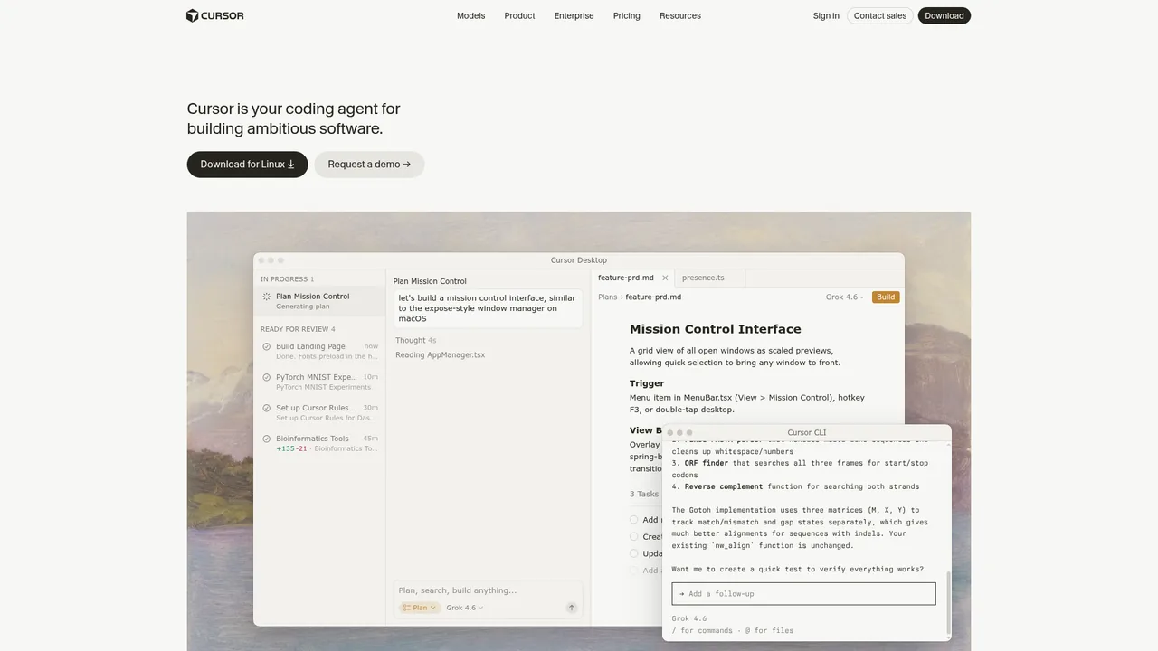 Screenshot of Cursor's public website, captured Sep 5, 2026. It shows the vendor's marketing page, not the product in use.