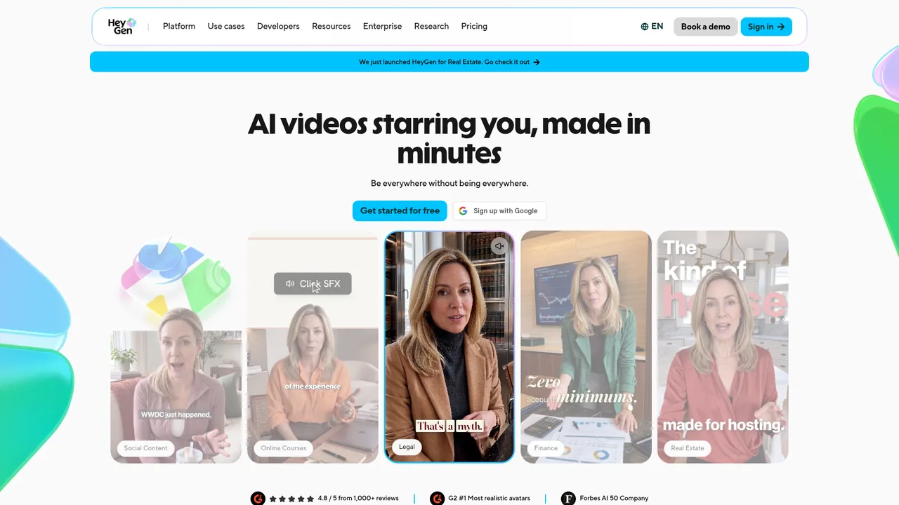 Screenshot of HeyGen's public website, captured Sep 5, 2026. It shows the vendor's marketing page, not the product in use.