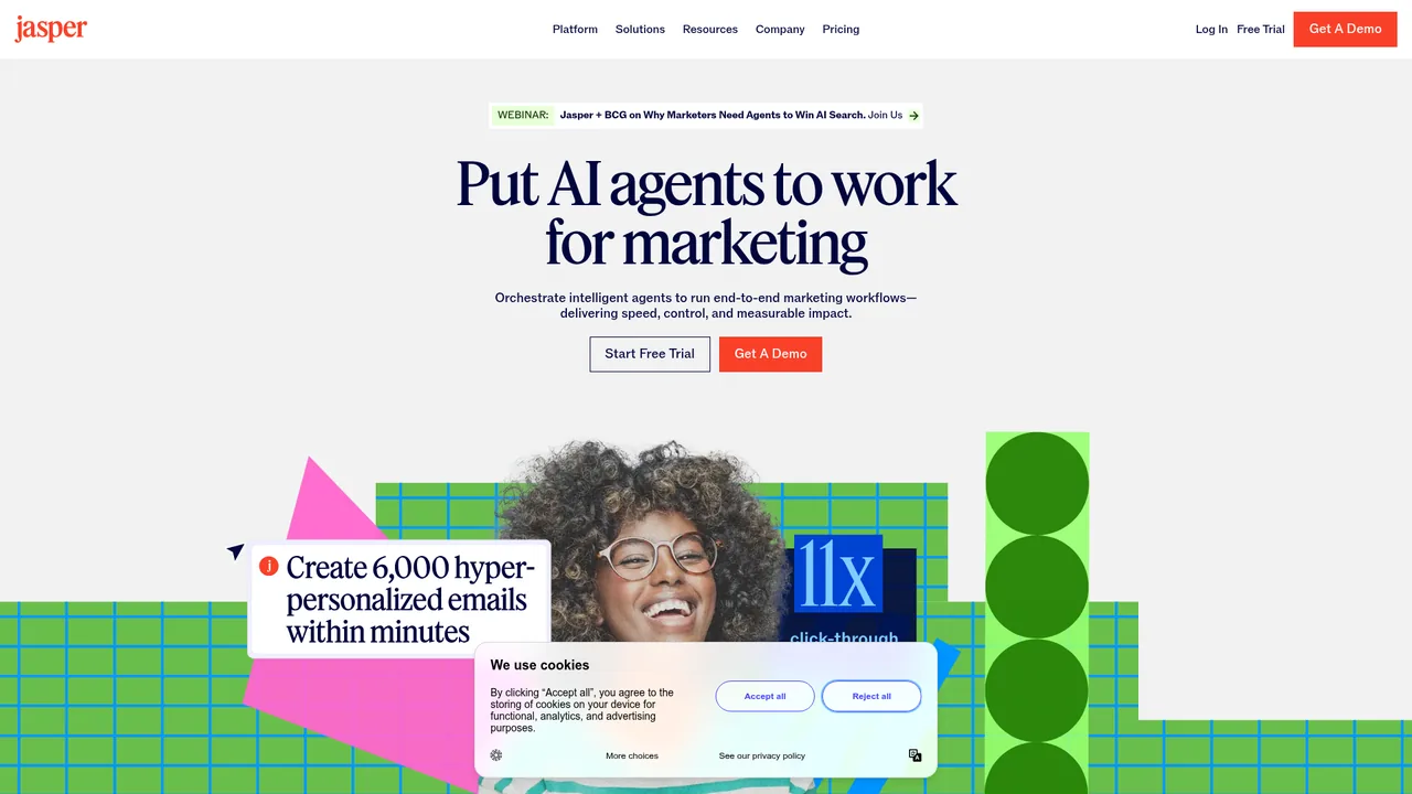Screenshot of Jasper's public website, captured Sep 5, 2026. It shows the vendor's marketing page, not the product in use.