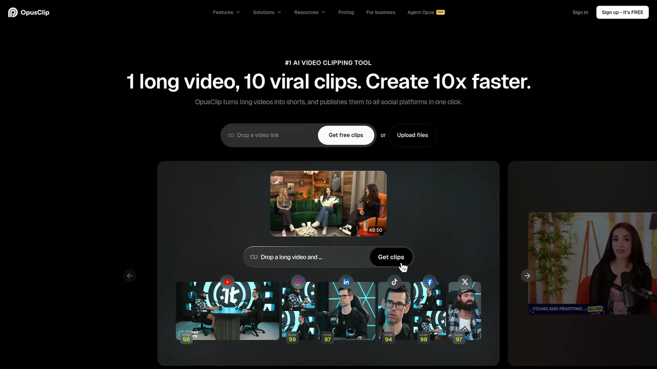 Screenshot of Opus Clip's public website, captured Sep 5, 2026. It shows the vendor's marketing page, not the product in use.