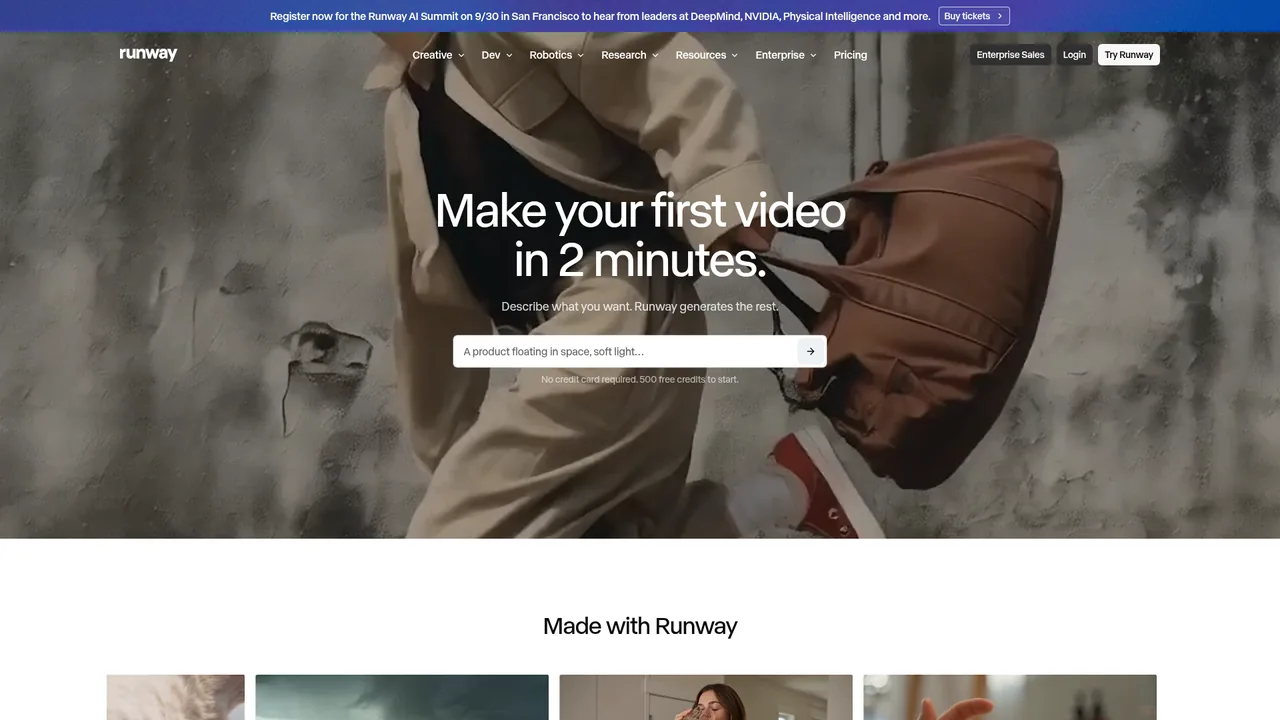 Screenshot of Runway's public website, captured Sep 5, 2026. It shows the vendor's marketing page, not the product in use.