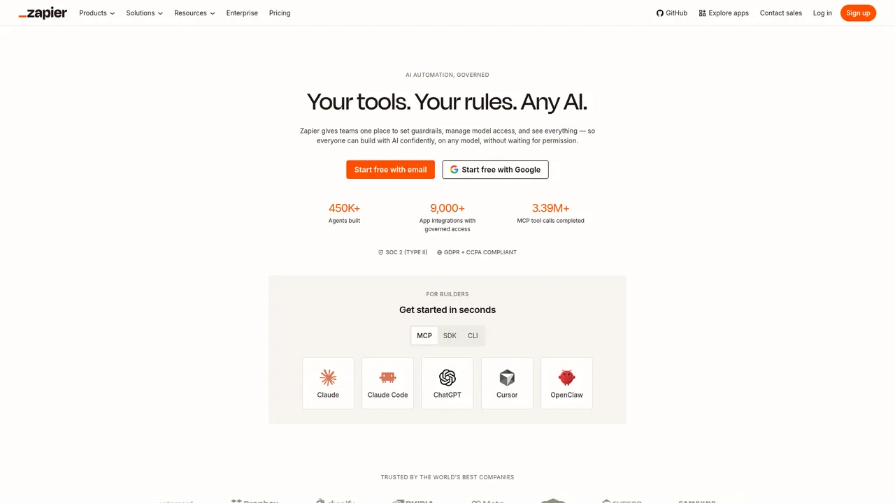 Screenshot of Zapier's public website, captured Sep 5, 2026. It shows the vendor's marketing page, not the product in use.